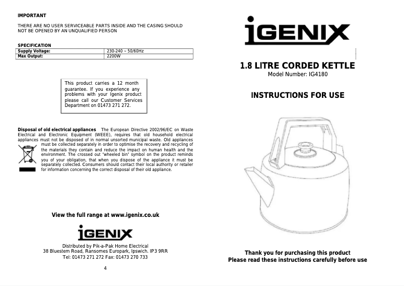 Page 1 de la notice Manuel utilisateur Igenix IG4180