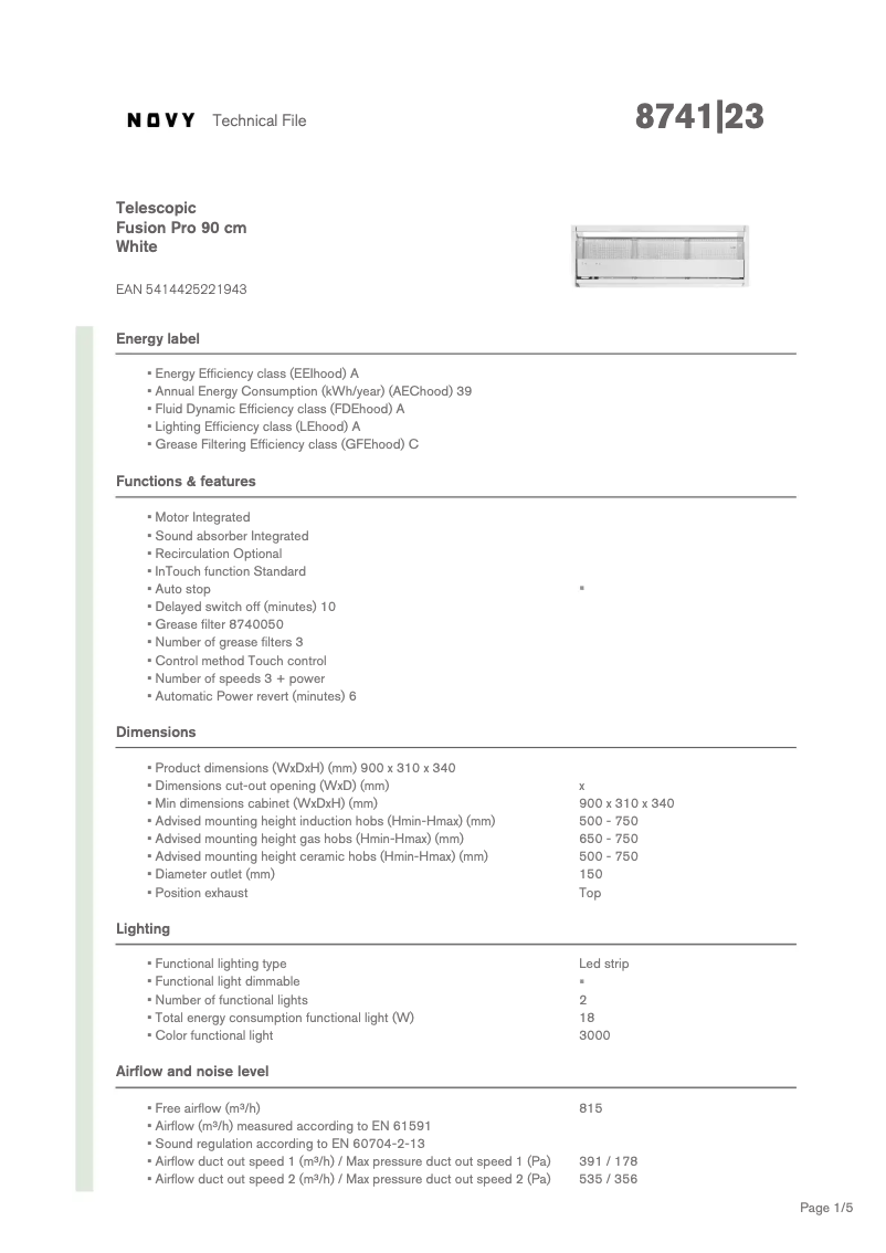 Page 1 de la notice Fiche technique Novy Fusion Pro 8741