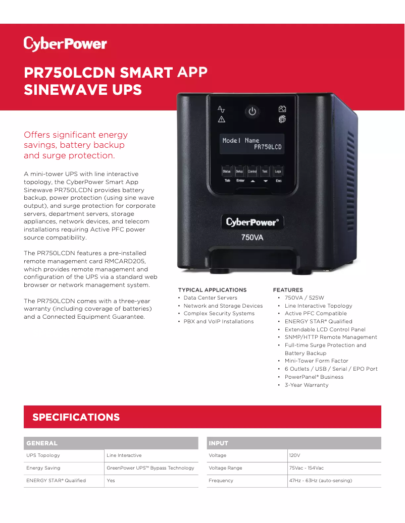 Page n°1 - Fiche technique CyberPower Smart App Sinewave PR750LCD