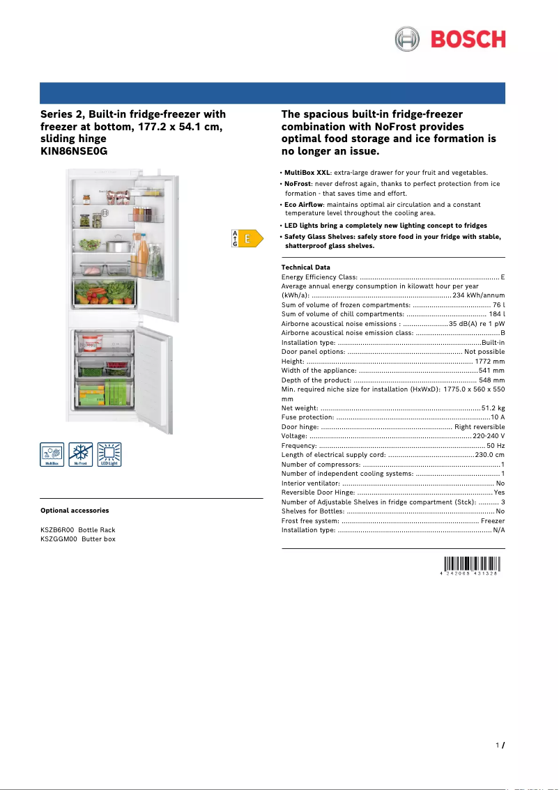 Page 1 de la notice Fiche technique Bosch KIN86NSE0G