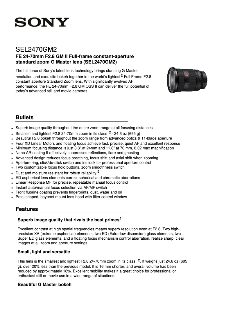 Page 1 de la notice Fiche technique Sony SEL2470GM2