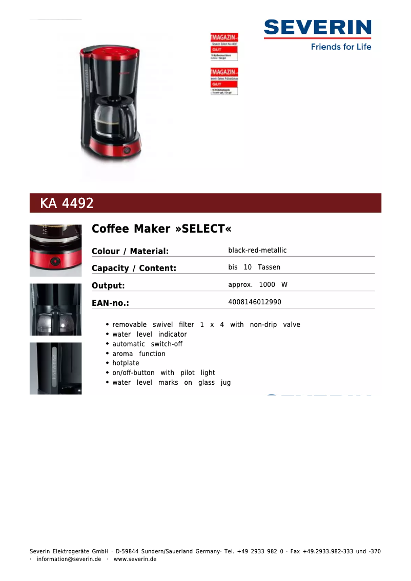 Page 1 de la notice Fiche technique Severin KA 4492