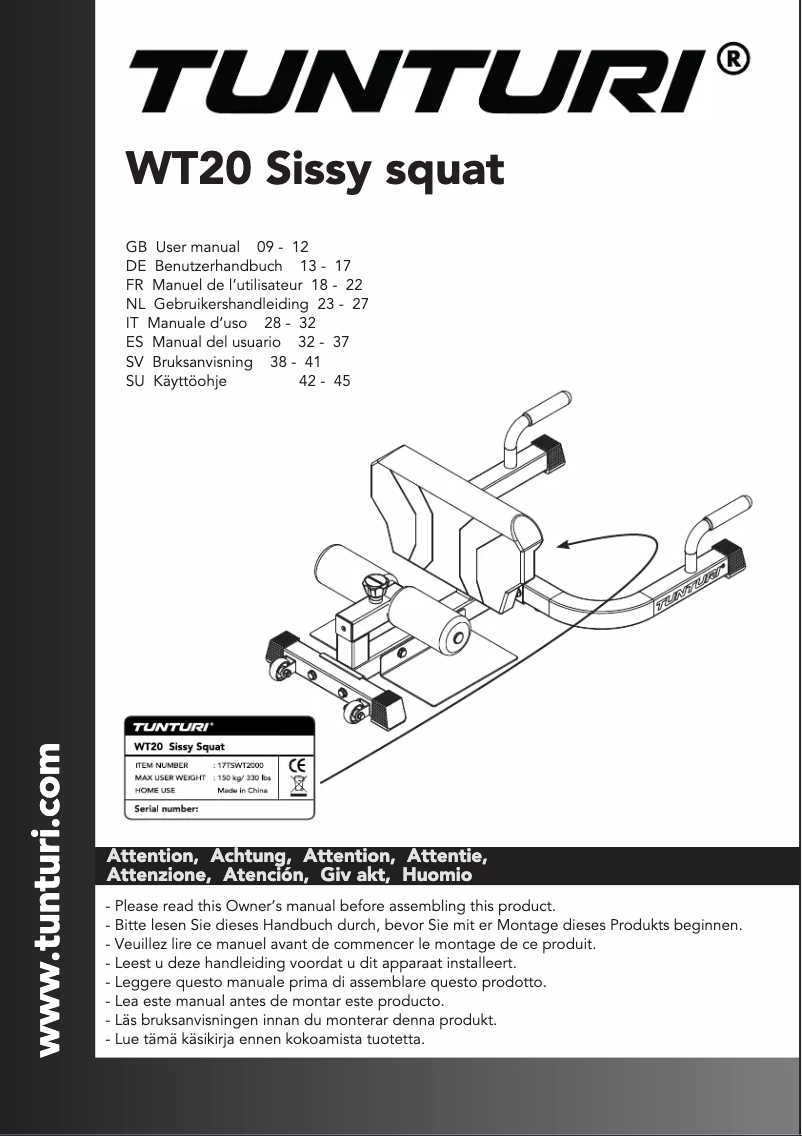 Page n°1 - Manuel utilisateur Tunturi Sissy Squat WT20