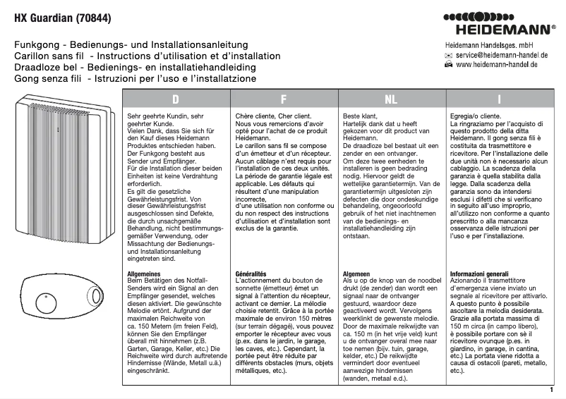 Page 1 de la notice Manuel utilisateur Heidemann HX Guardian 70844