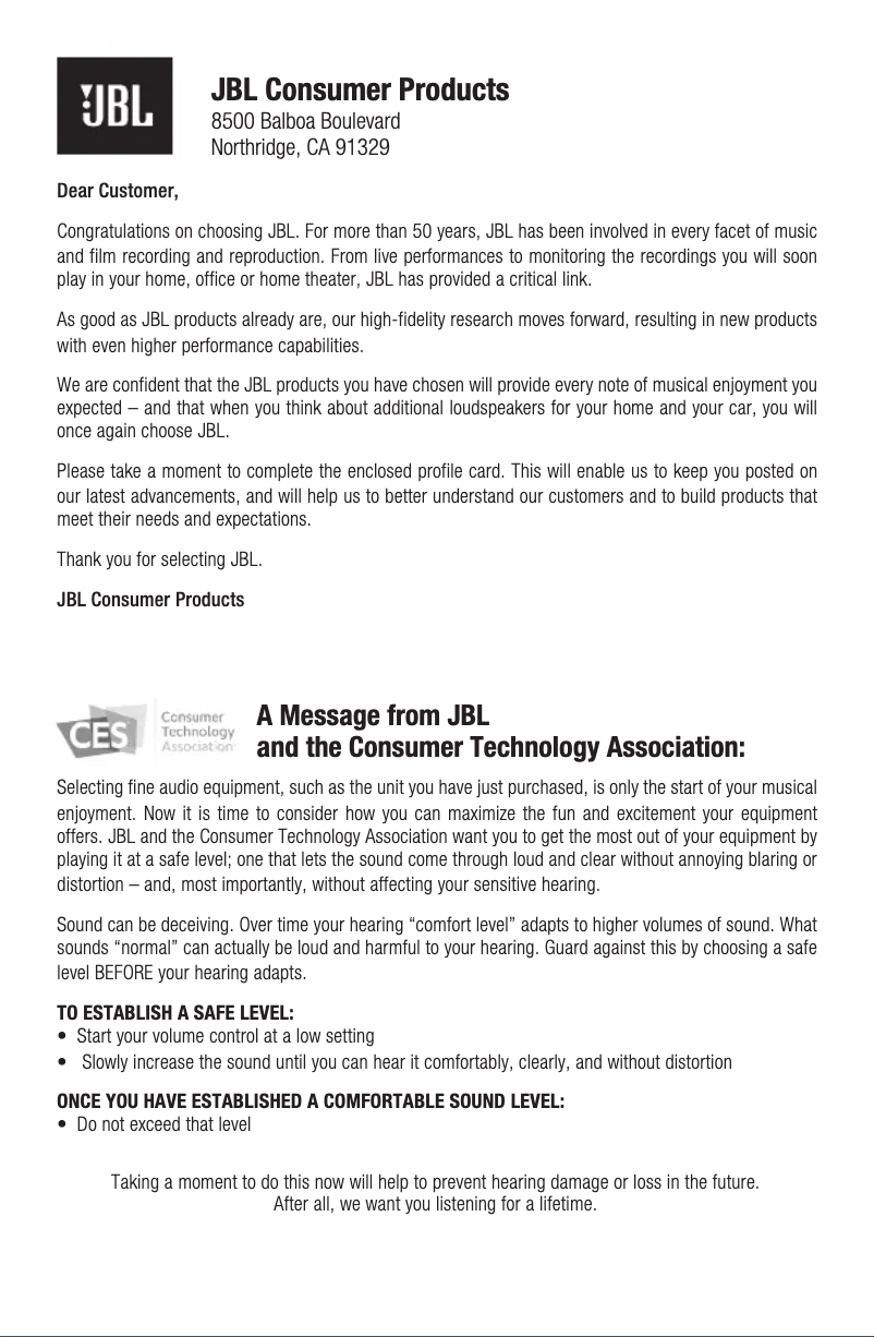 Page 1 de la notice Informations de garantie JBL Arena 8IW