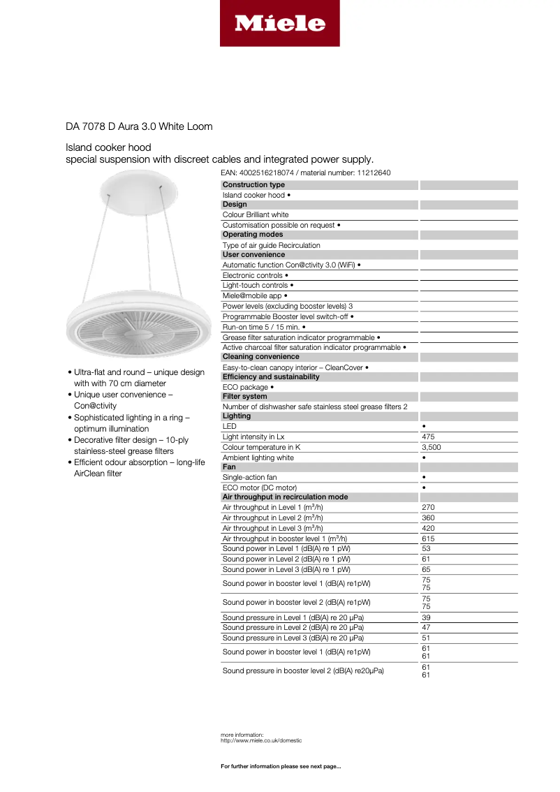 Page 1 de la notice Fiche technique Miele DA 7078 D