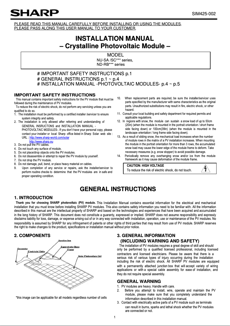 Page 1 de la notice Manuel utilisateur Sharp NU-SC360