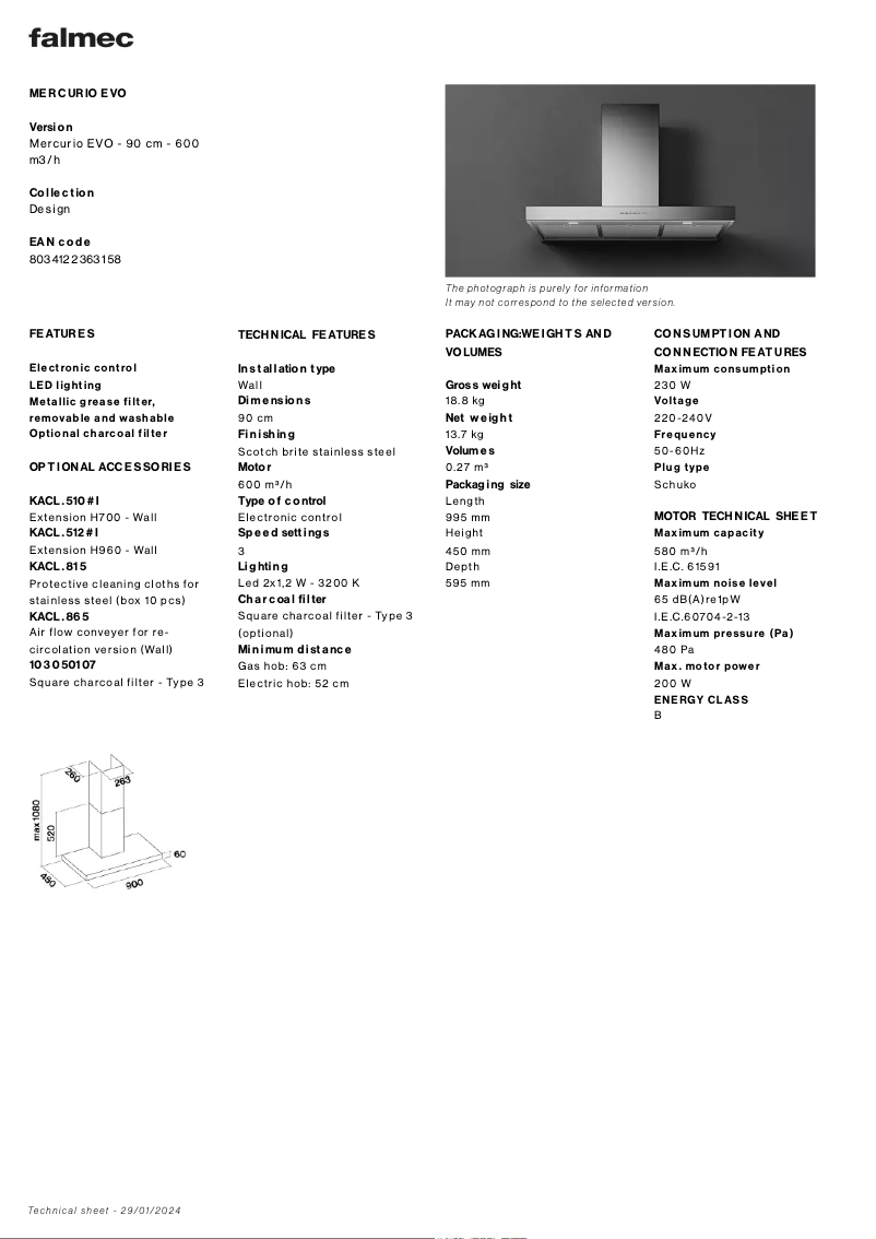 Page 1 de la notice Fiche technique Falmec Mercurio Evo