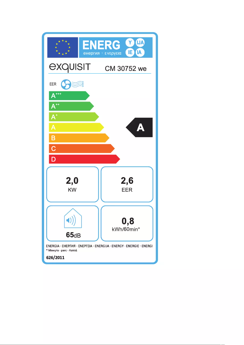 Página 1 del manual Etiqueta energética Exquisit CM 30752 we