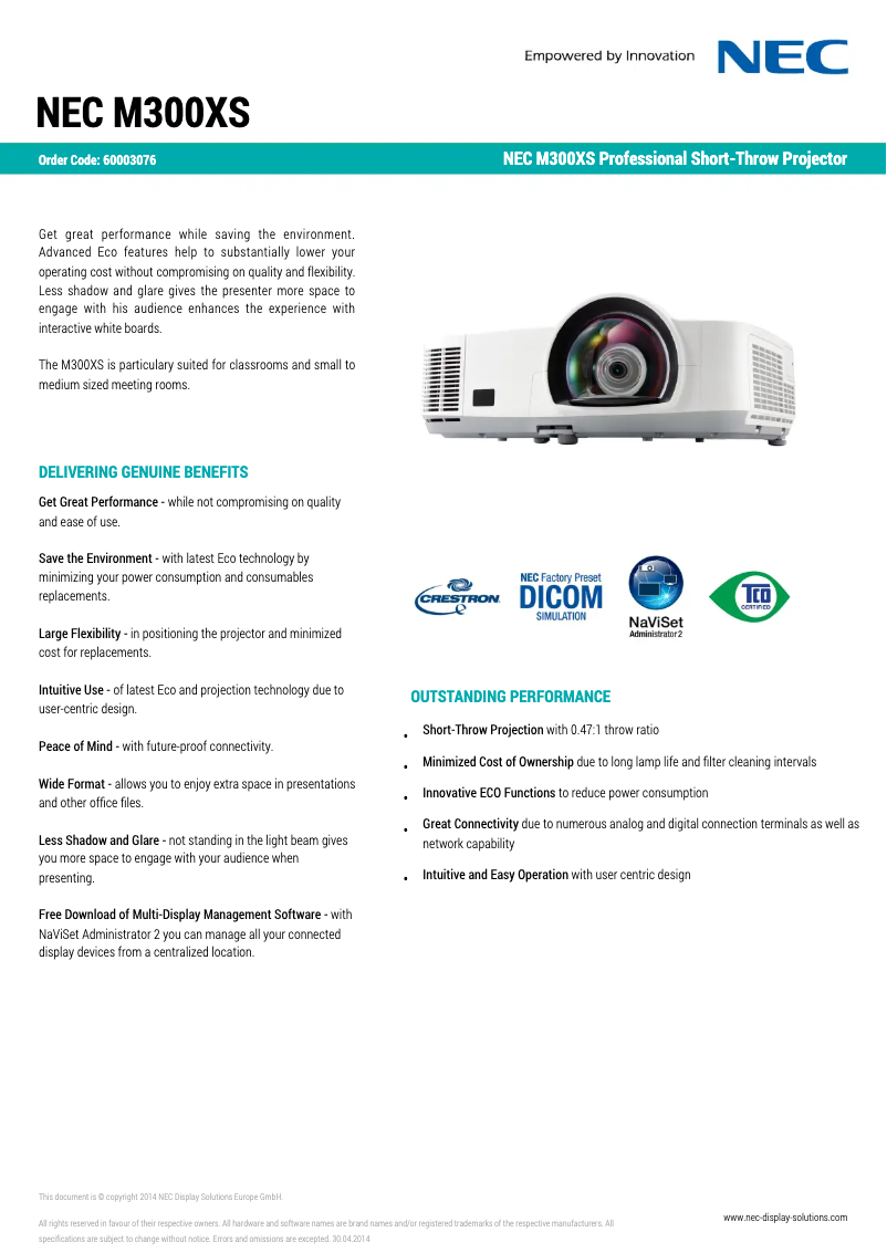 Page 1 de la notice Fiche technique NEC M300XS