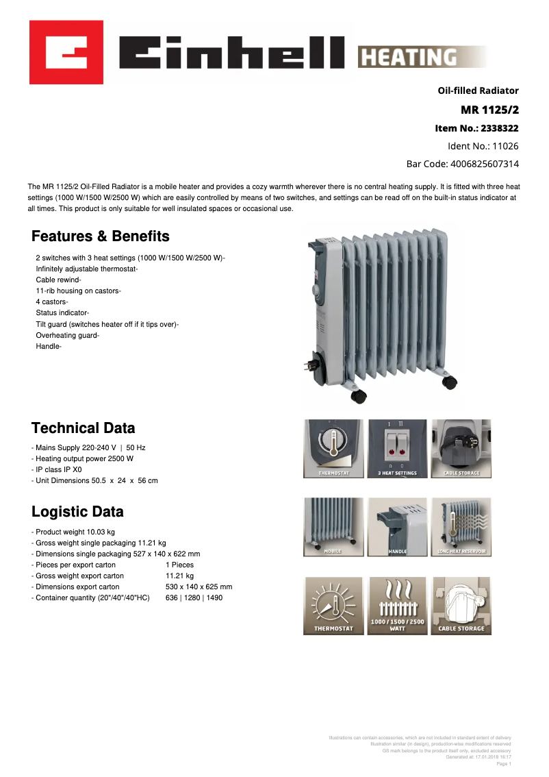 Page 1 de la notice Fiche technique Einhell MR 1125/2