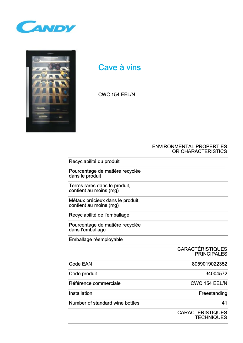 Page 1 de la notice Fiche technique Candy CWC 154 EEL