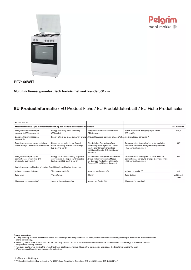Page 1 de la notice Fiche technique Pelgrim PF7160WIT