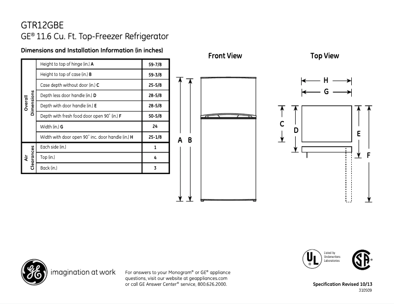 Page 1 of the manual Technical Sheet GE GTR12GBEWW