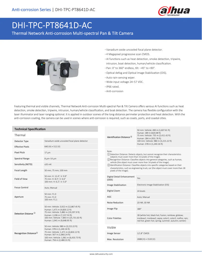 Page 1 de la notice Fiche technique Dahua Technology TPC-PT8641D-AC