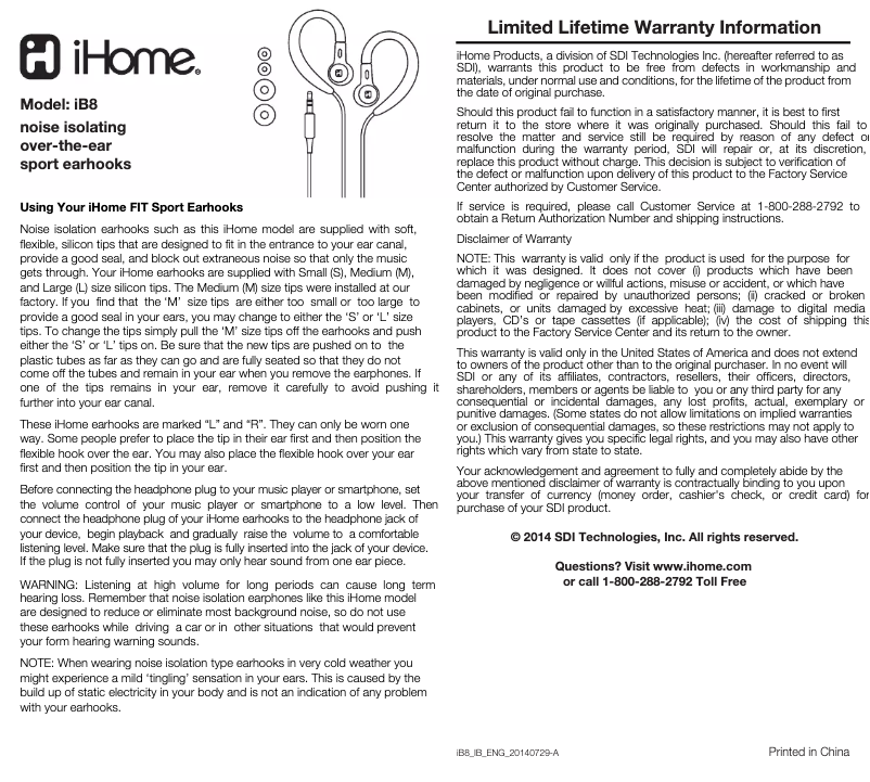 Page n°1 - Manuel utilisateur iHome iB8