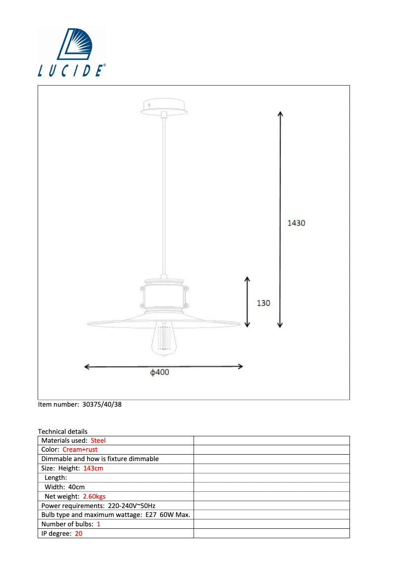 Page 1 de la notice Manuel utilisateur Lucide Römer 30375/40/38