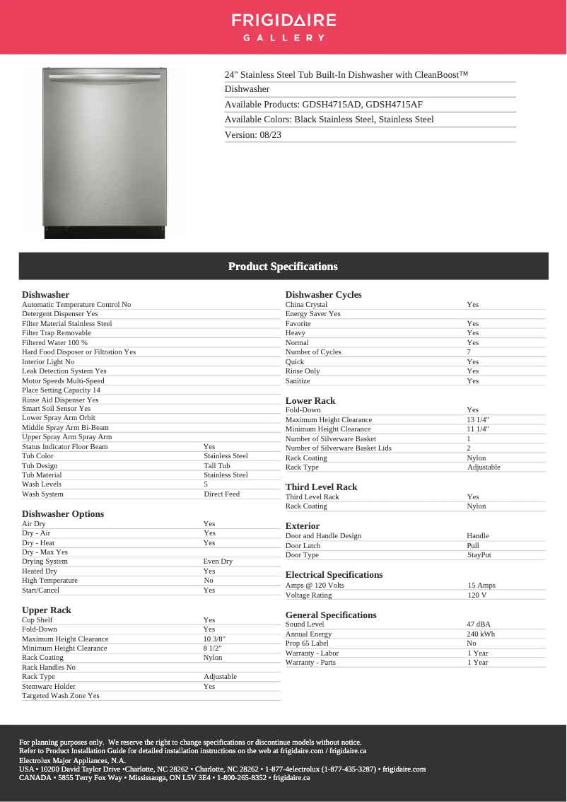 Page 1 de la notice Fiche technique Frigidaire GDSH4715AF