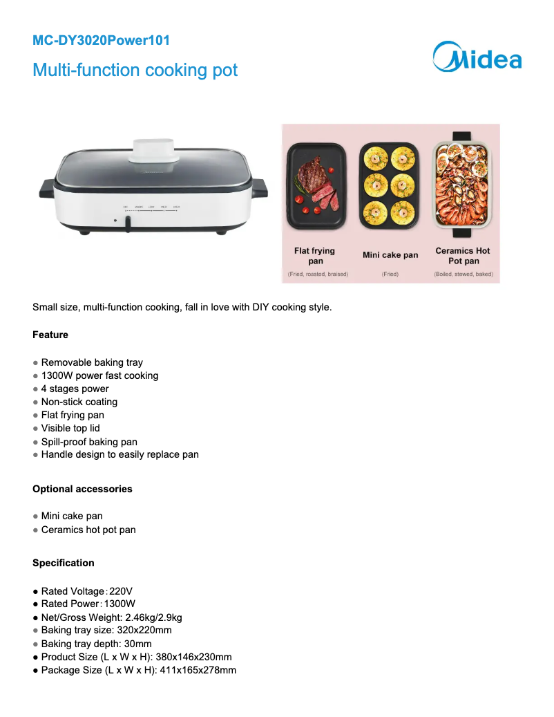 Page 1 de la notice Fiche technique Midea MC-DY3020Power101