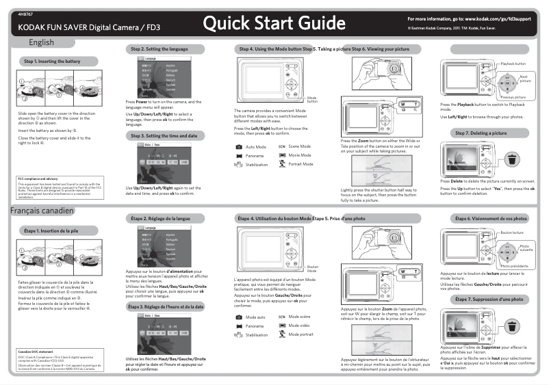 Page 1 de la notice Guide de démarrage rapide Kodak Fun Saver FD3
