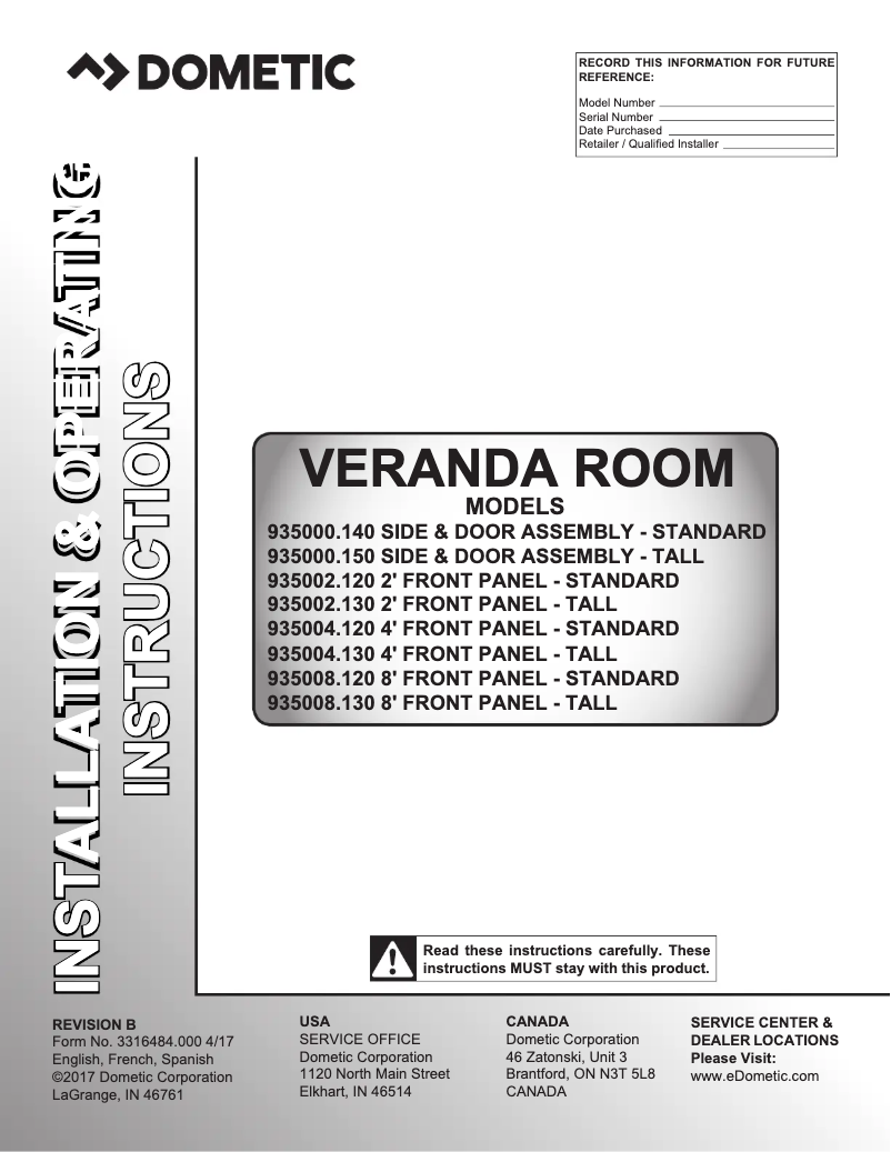 Page 1 de la notice Manuel utilisateur Dometic Veranda Room