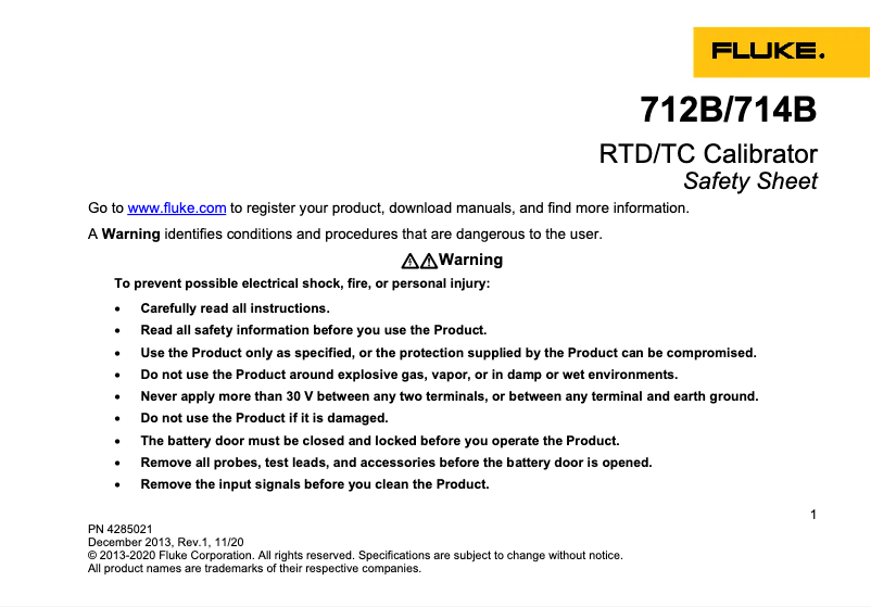 Página 1 del manual Instrucciones de seguridad Fluke 714B
