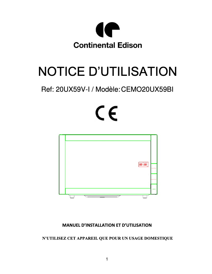 Page 1 de la notice Manuel utilisateur Continental Edison CEMO20UX59BI