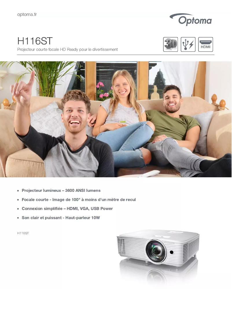 Page 1 de la notice Fiche technique Optoma H116ST