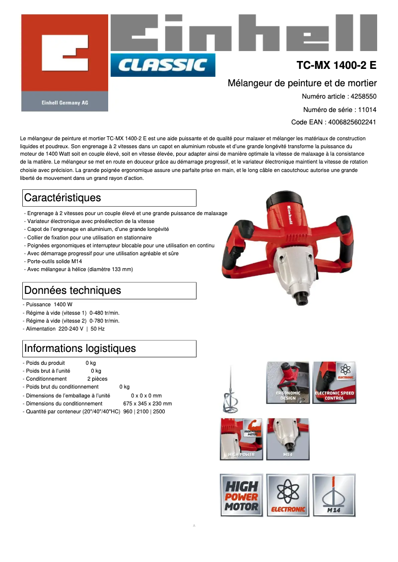 Page n°1 - Fiche technique Einhell TC-MX 1400-2 E