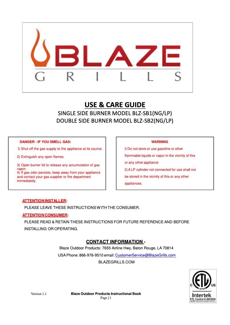 Page 1 de la notice Manuel utilisateur Blaze BLZSB1LP