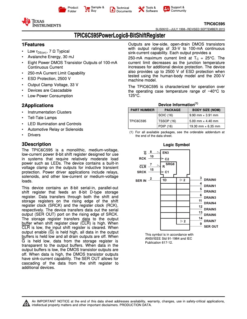 Page 1 de la notice Manuel utilisateur Texas Instruments TPIC6C595DR