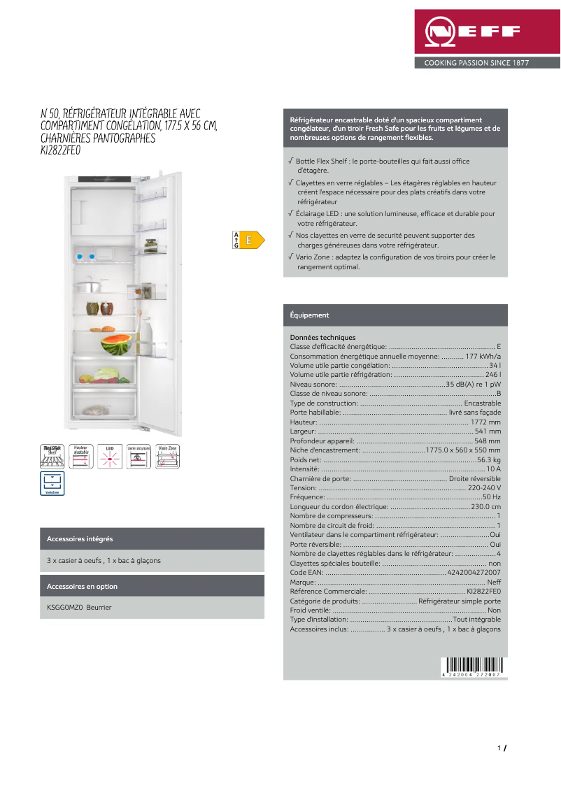 Page n°1 - Fiche technique Neff KI2822FE0