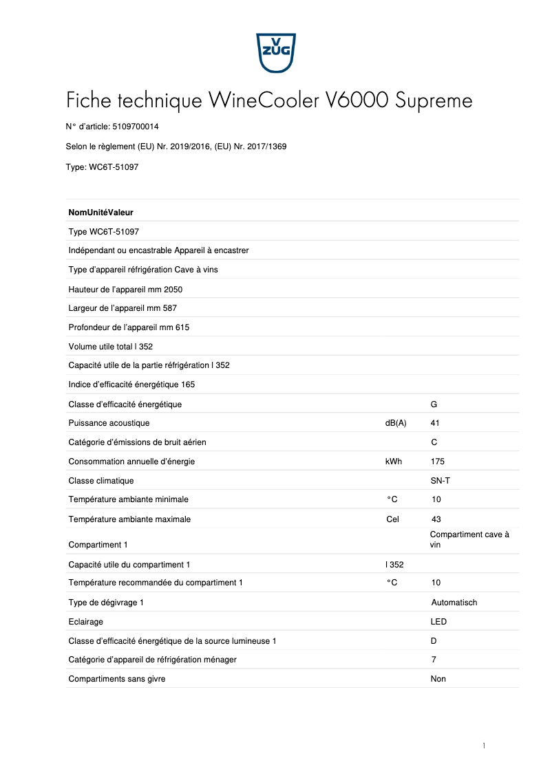 Page n°1 - Fiche technique V-Zug WineCooler V6000 Supreme