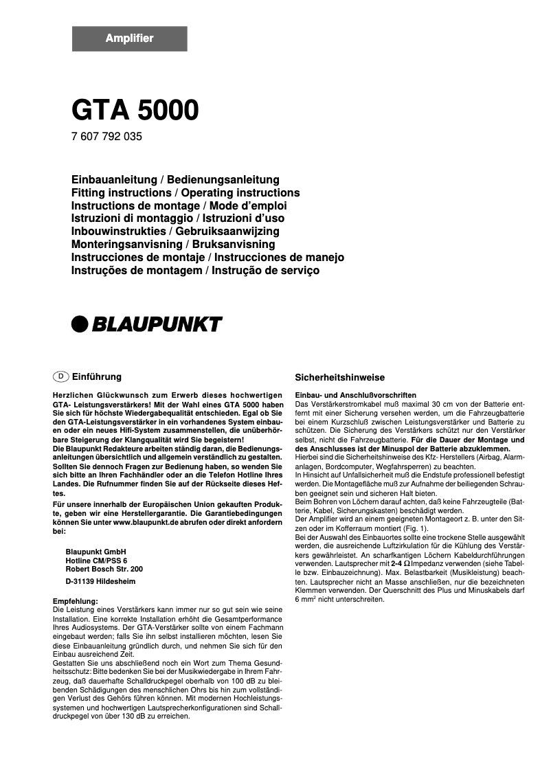 Page 1 de la notice Manuel utilisateur Blaupunkt GTA 5000