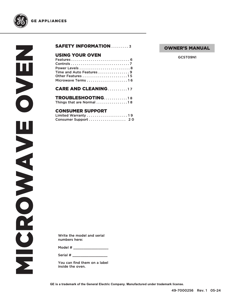 Page n°1 - Manuel d'utilisation et d'entretien GE GCST09N1