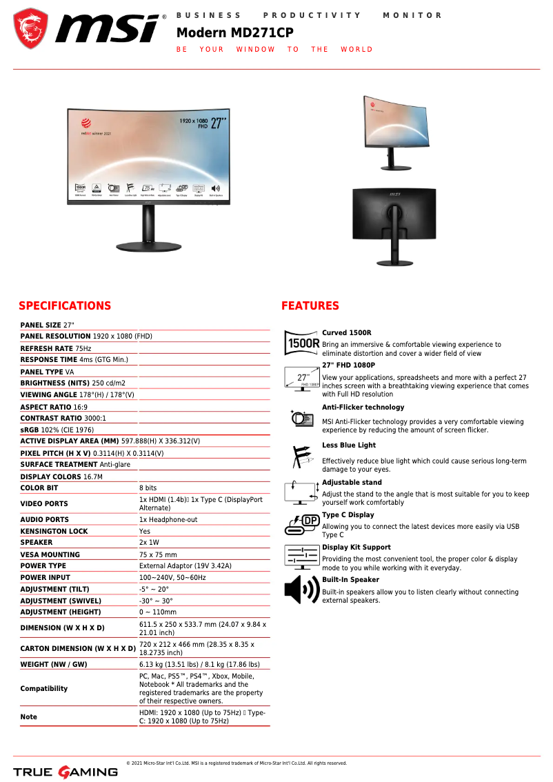 Page 1 de la notice Fiche technique MSI MD271CP