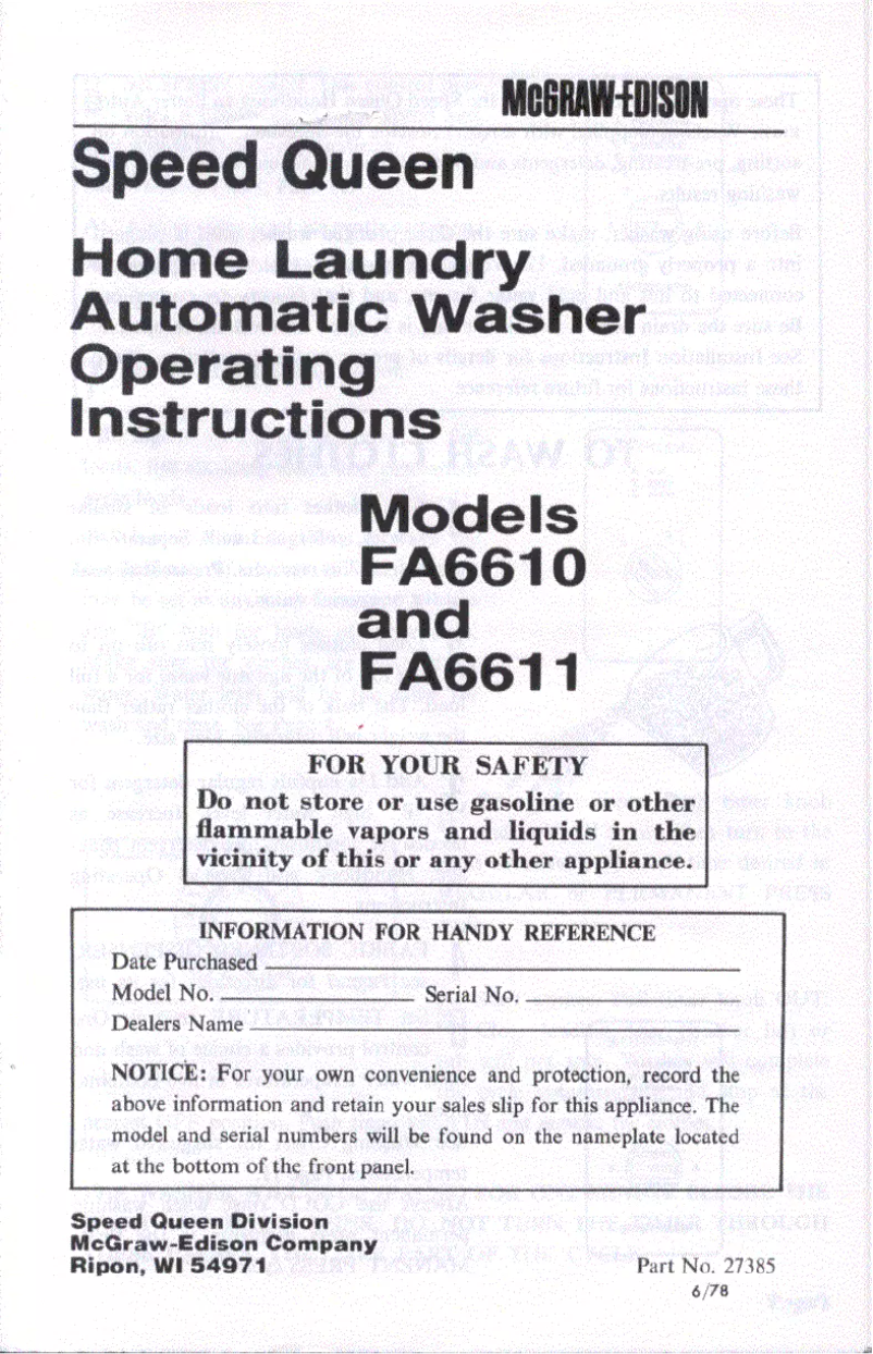 Page n°1 - Manuel utilisateur Speed Queen FA6610