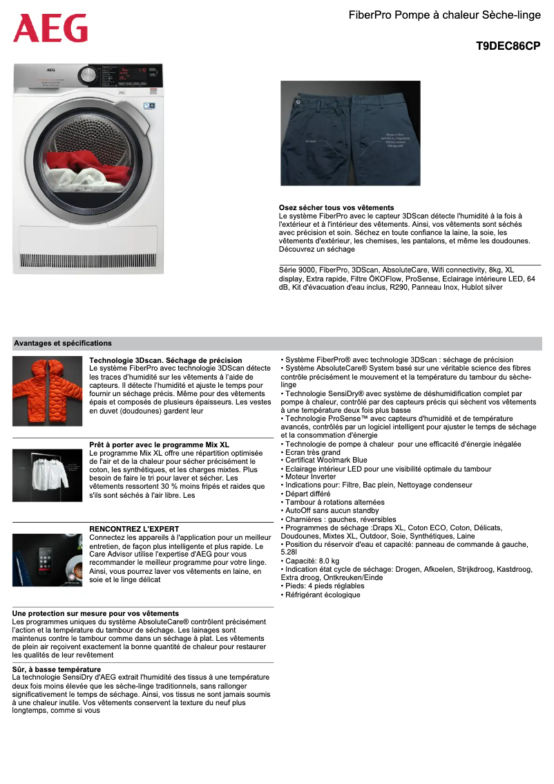 Page 1 de la notice Fiche technique AEG T9DEC86CP