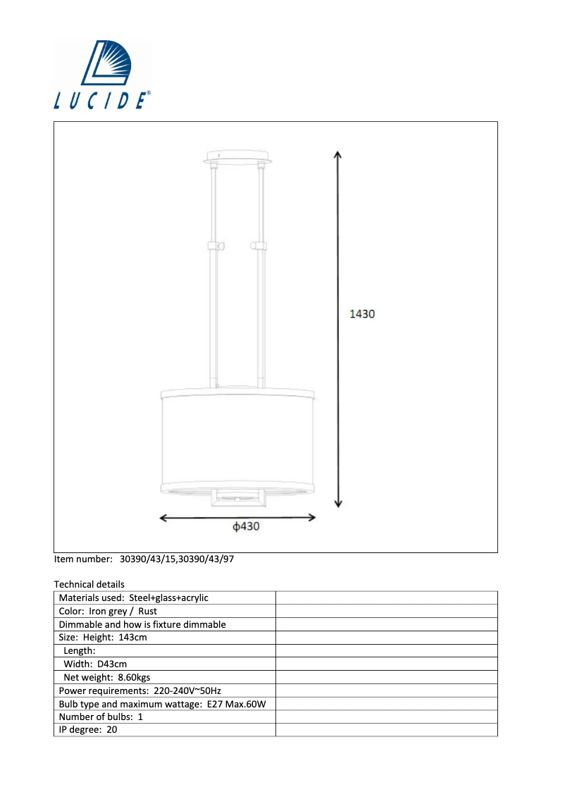 Page 1 de la notice Manuel utilisateur Lucide Brunello 30390/43/15
