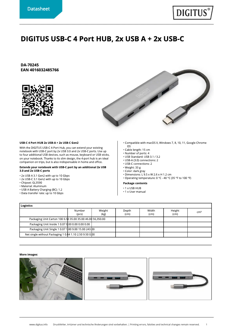 Page 1 de la notice Fiche technique Digitus DA-70245