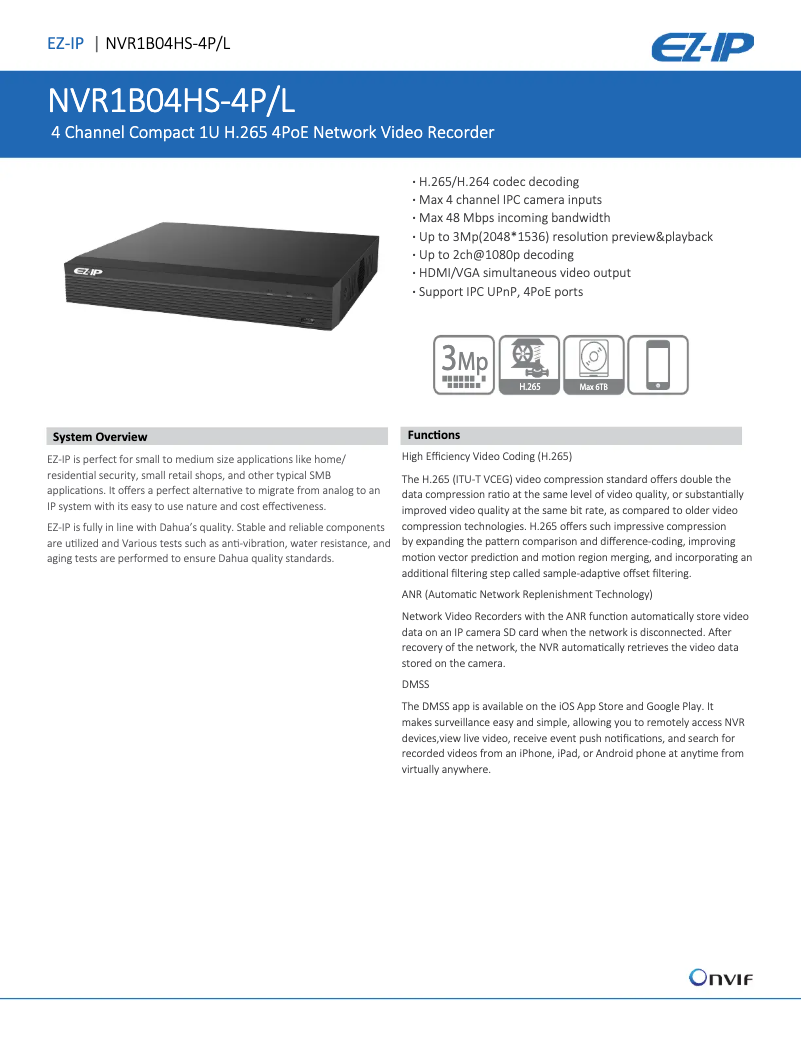 Page 1 de la notice Fiche technique Dahua Technology NVR1B04HS-4P/L