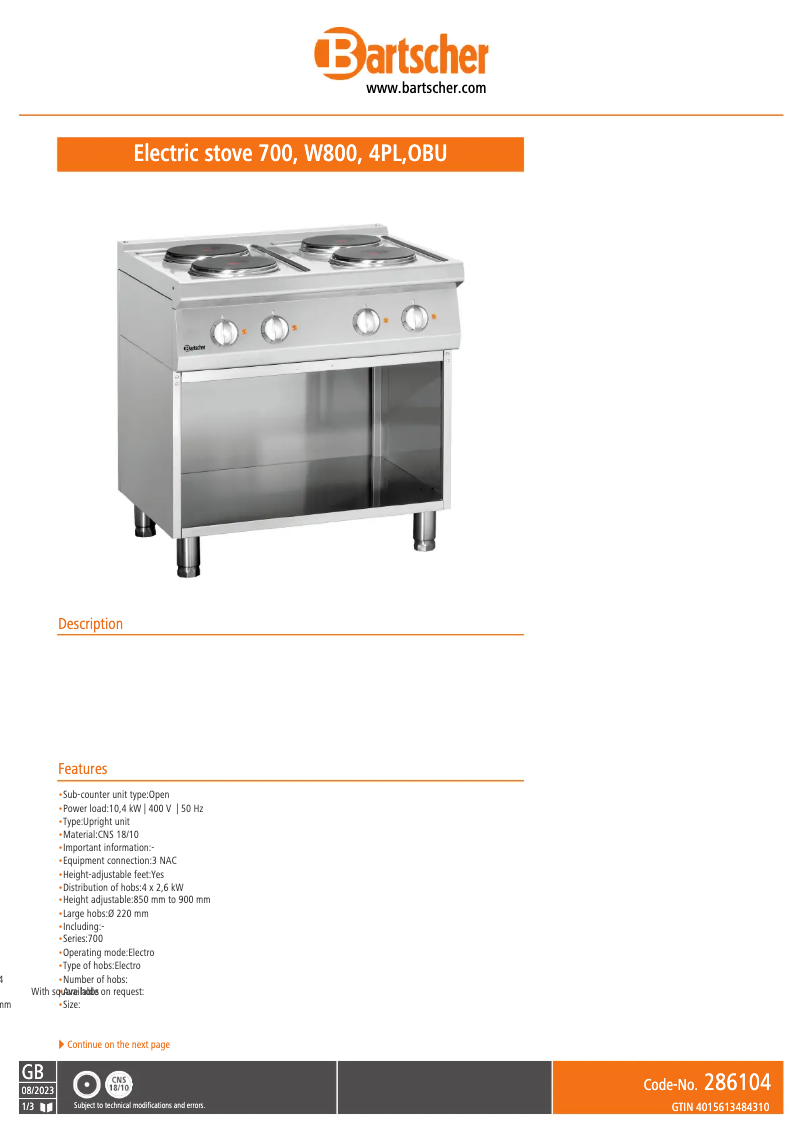 Página 1 del manual Ficha técnica Bartscher 286104