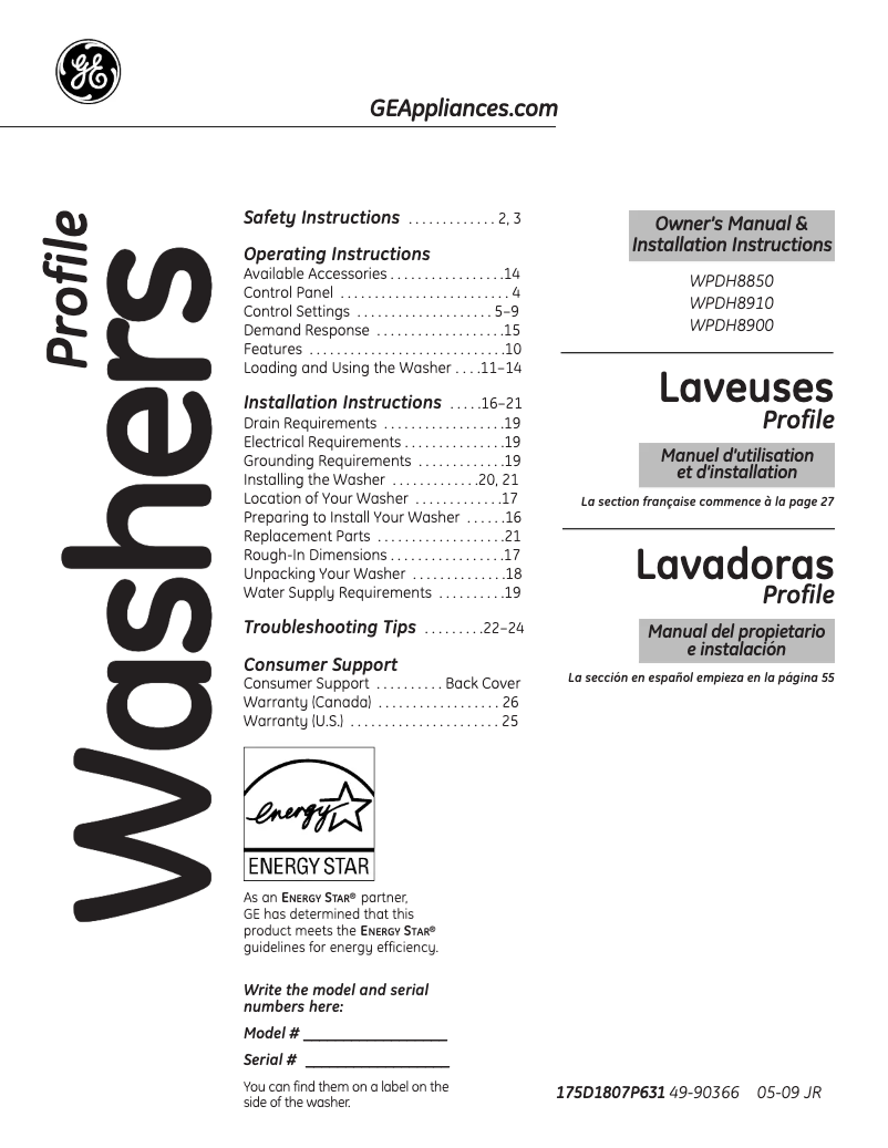 Page 1 de la notice Manuel utilisateur GE WPDH8900JMG