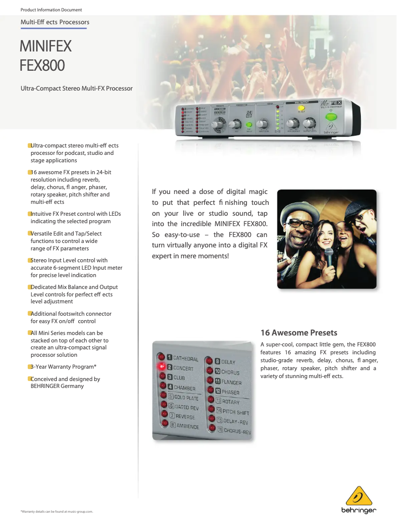 Page 1 de la notice Fiche technique Behringer MINIFEX FEX800