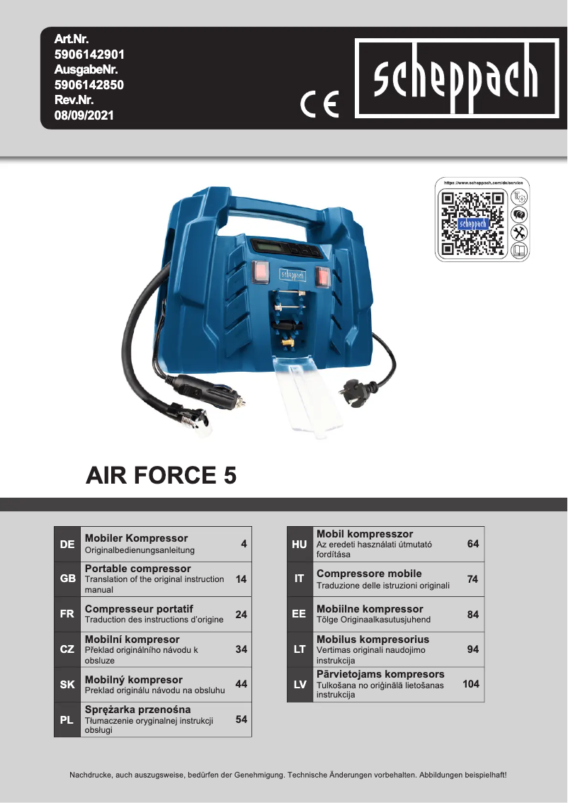Page n°1 - Manuel utilisateur Scheppach Air Force 5