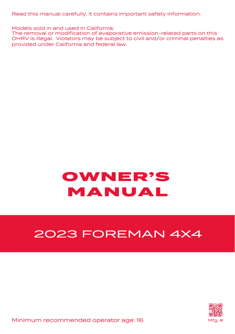 Image de la première page du manuel de l'appareil Foreman 4X4 (2023)