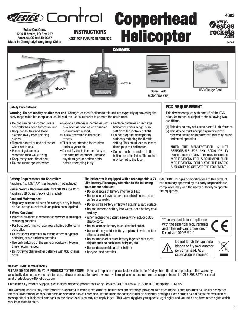 Page n°1 - Manuel utilisateur Estes Copperhead Helicopter