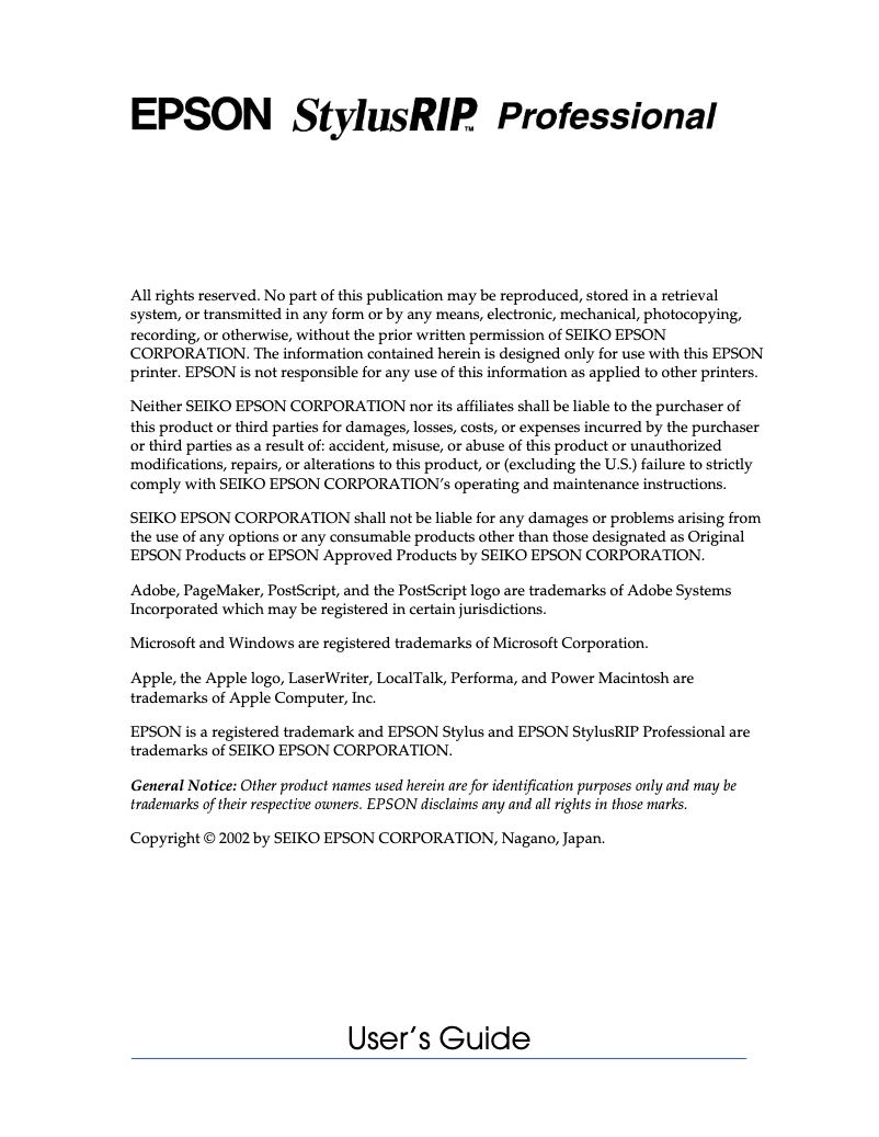 Page 1 de la notice Manuel utilisateur Epson StylusRIP Professional