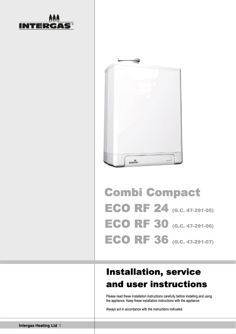 Page 1 de la notice Guide d'installation Intergas Combi Compact ECO RF 36