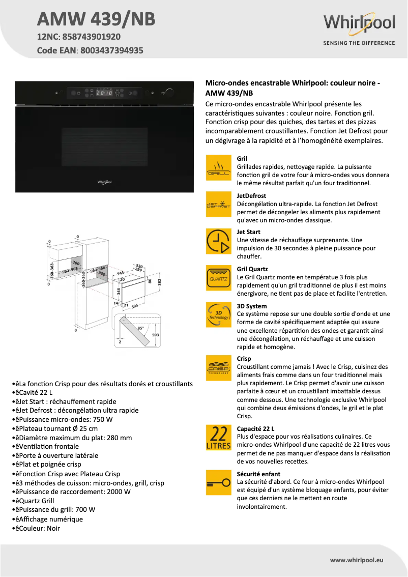 Page 1 de la notice Fiche technique Whirlpool AMW 439